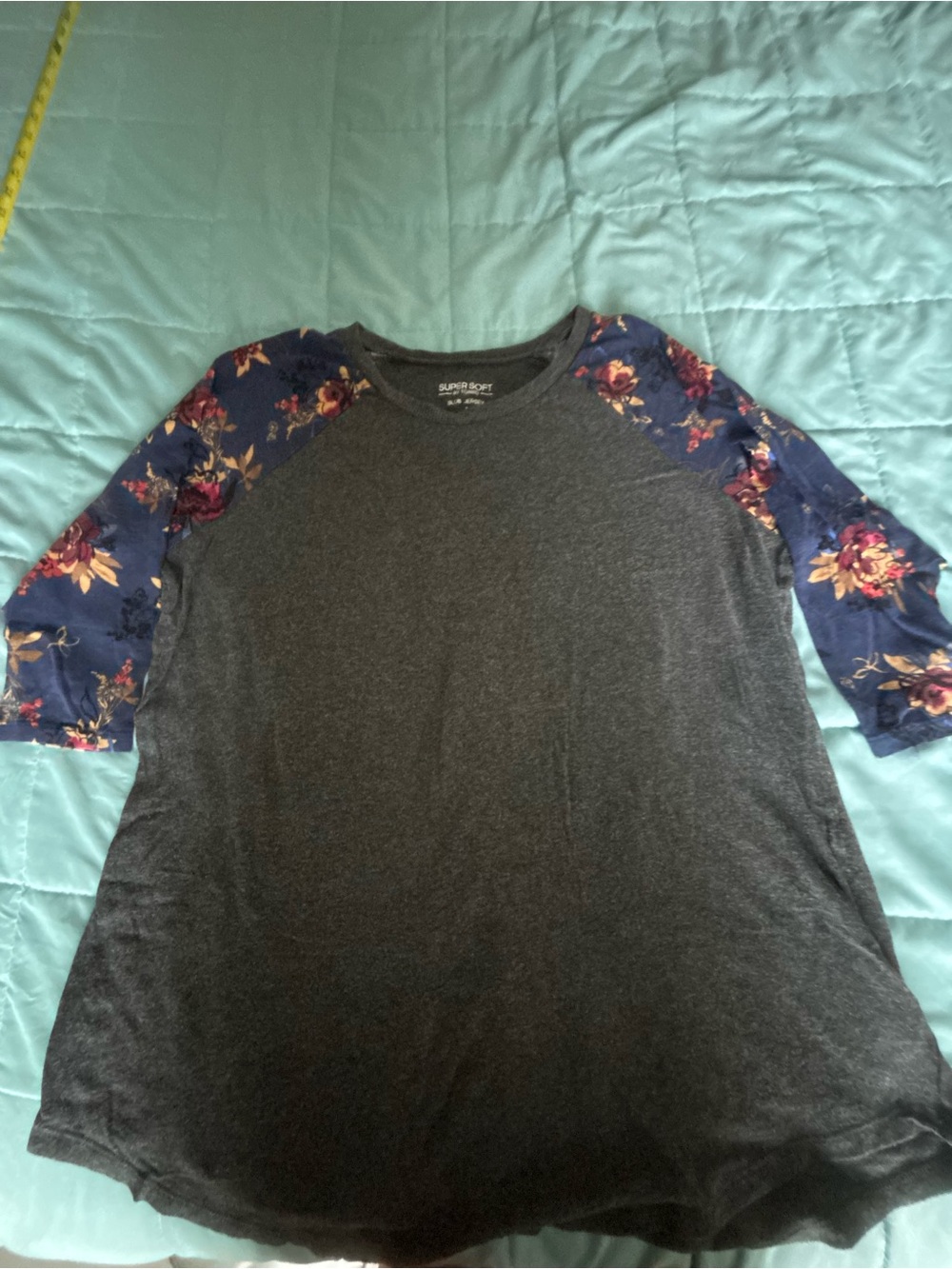 torrid Charcoal Gray Raglan Tee with Navy Floral Sleeves